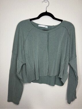 Altar's State Sage Green Waffle Knit Cropped Sweater Size L High Low Pullover